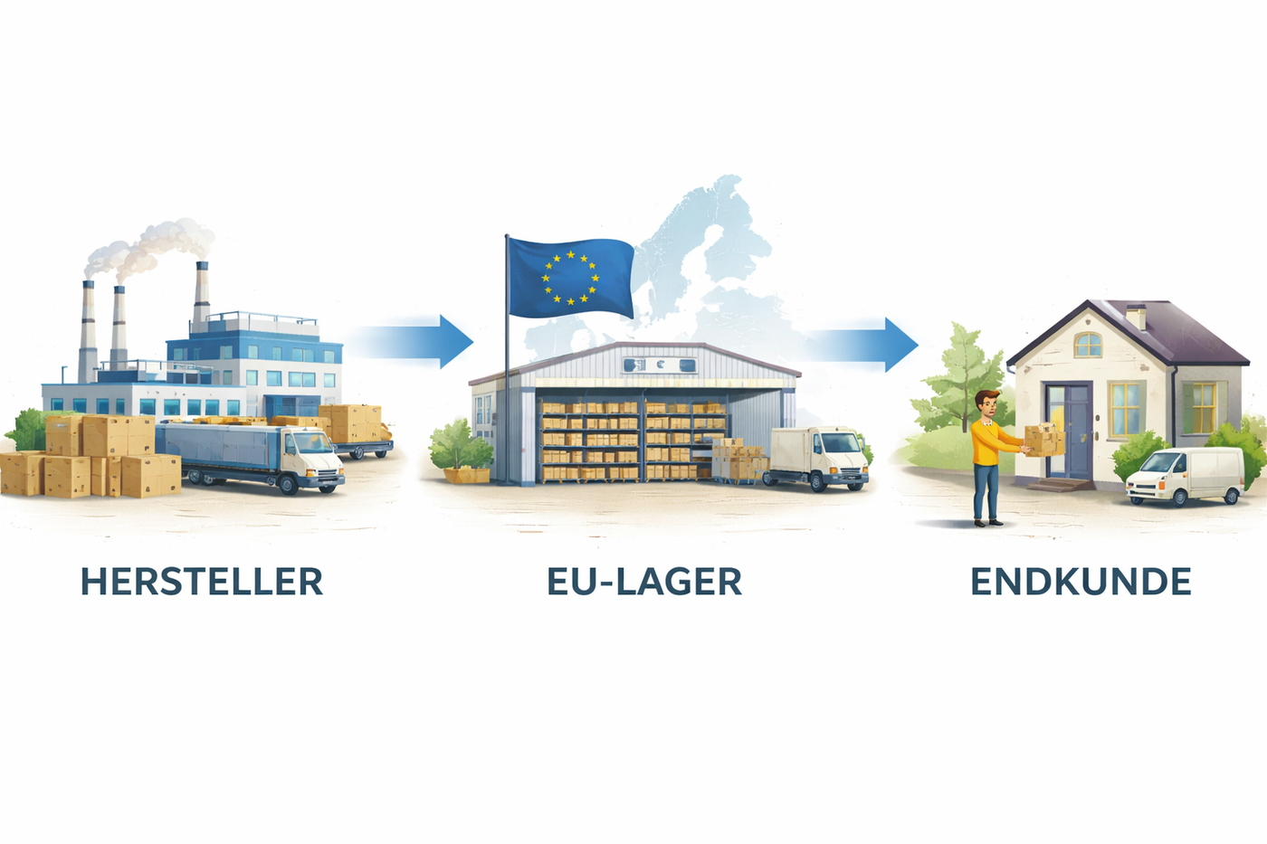 Sachliche Lieferkette vom Hersteller über EU-Lager zum Endkunden.