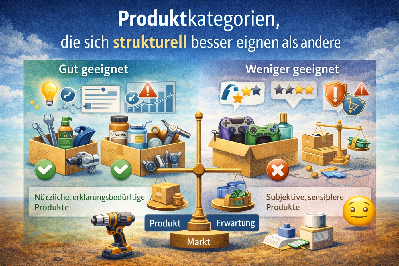 Geeignete und weniger geeignete Produktkategorien im Dropshipping im Vergleich.