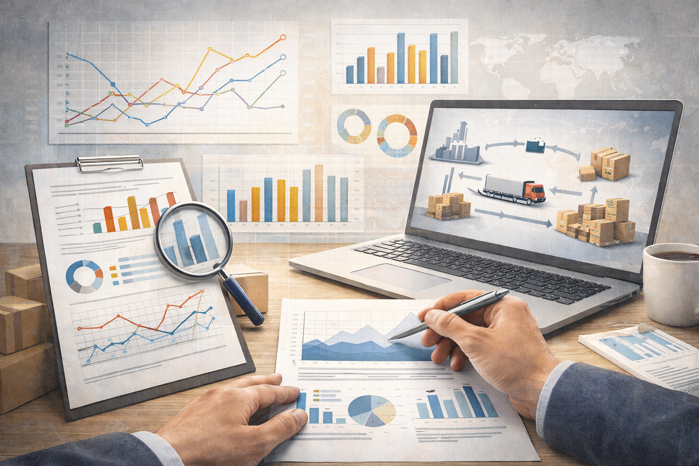 Business-Analyse mit Diagrammen und visualisierter Supply Chain.
