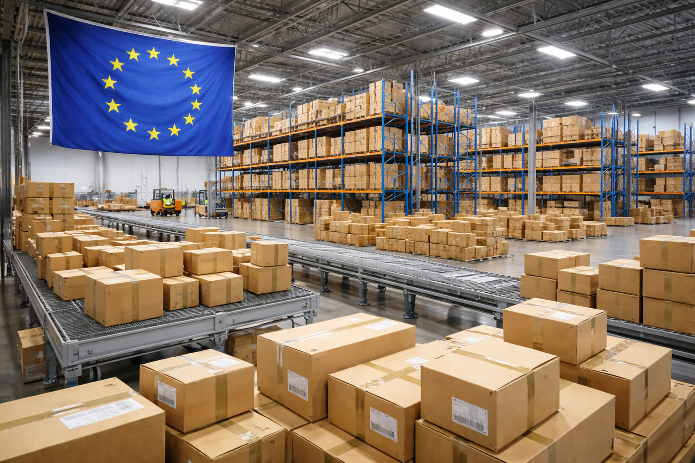 EU-Logistikzentrum mit sortierten Paketen in neutralem Lagerumfeld.