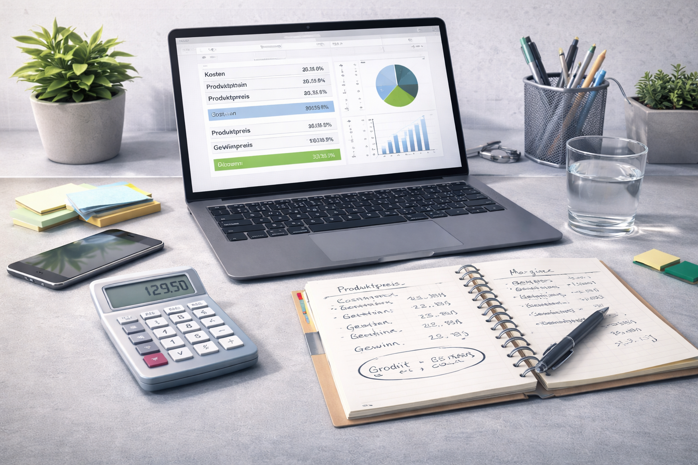Arbeitsplatz mit Laptop, Taschenrechner und handschriftlichen Kalkulationsnotizen.