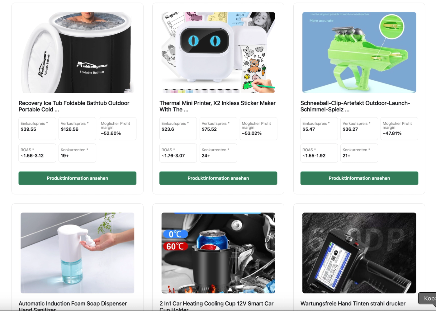 Liste von Dropshipping-Produkten im Horpion Dashboard