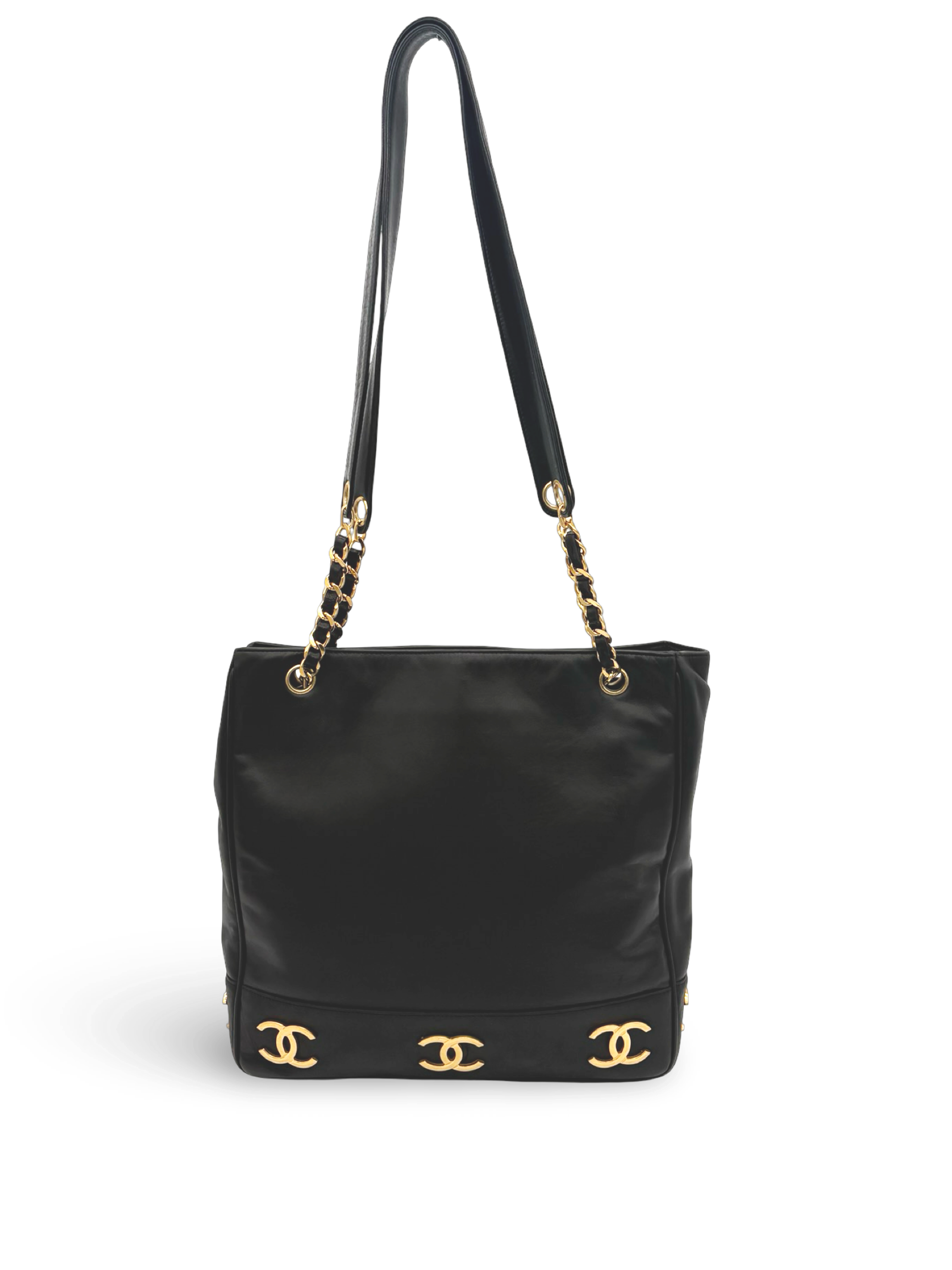 Chanel CC Triple Coco Logo Black Lambskin Leather Tote / Shoulder Bag
