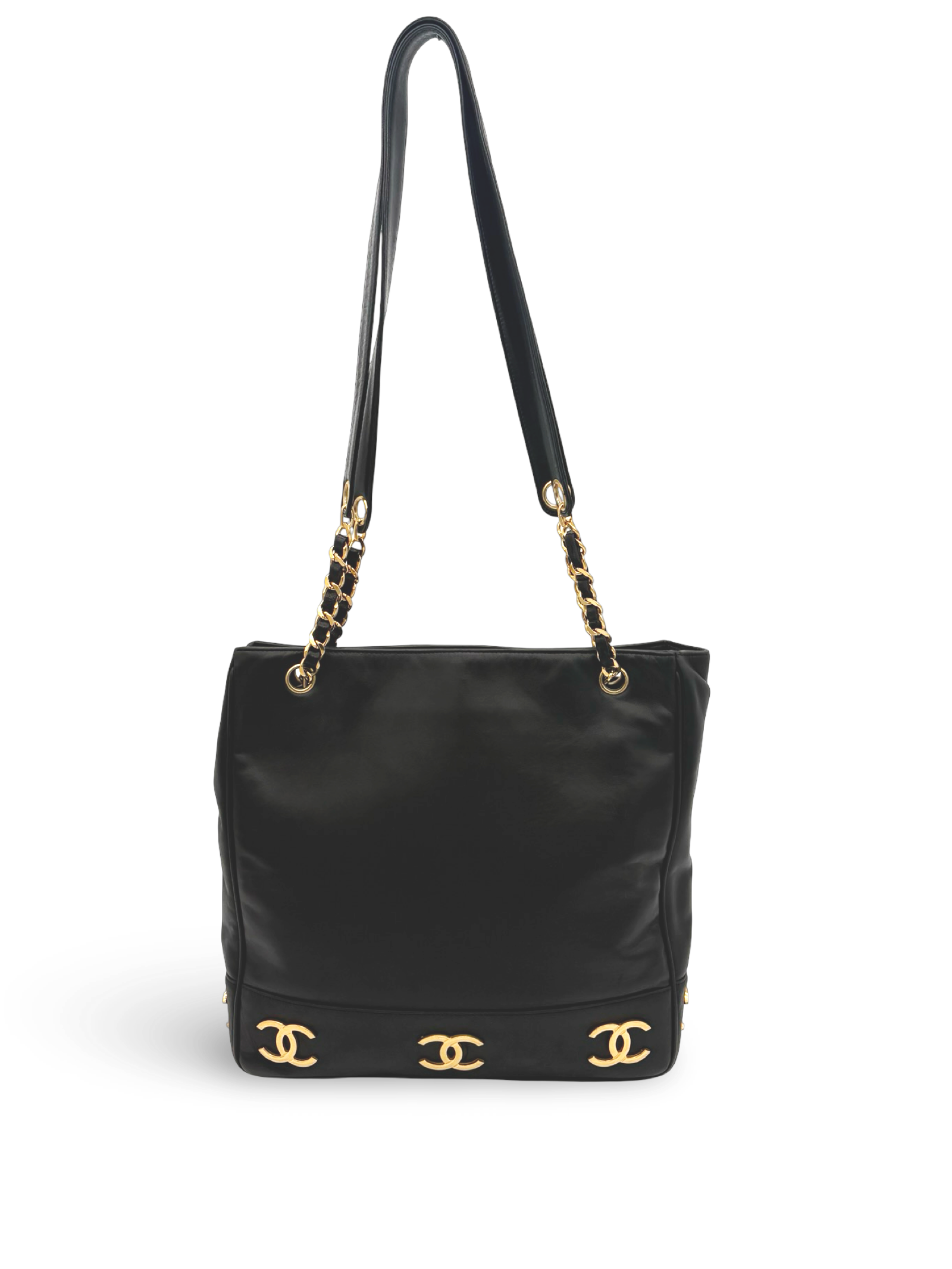 Chanel CC Triple Coco Logo Black Lambskin Leather Tote / Shoulder Bag