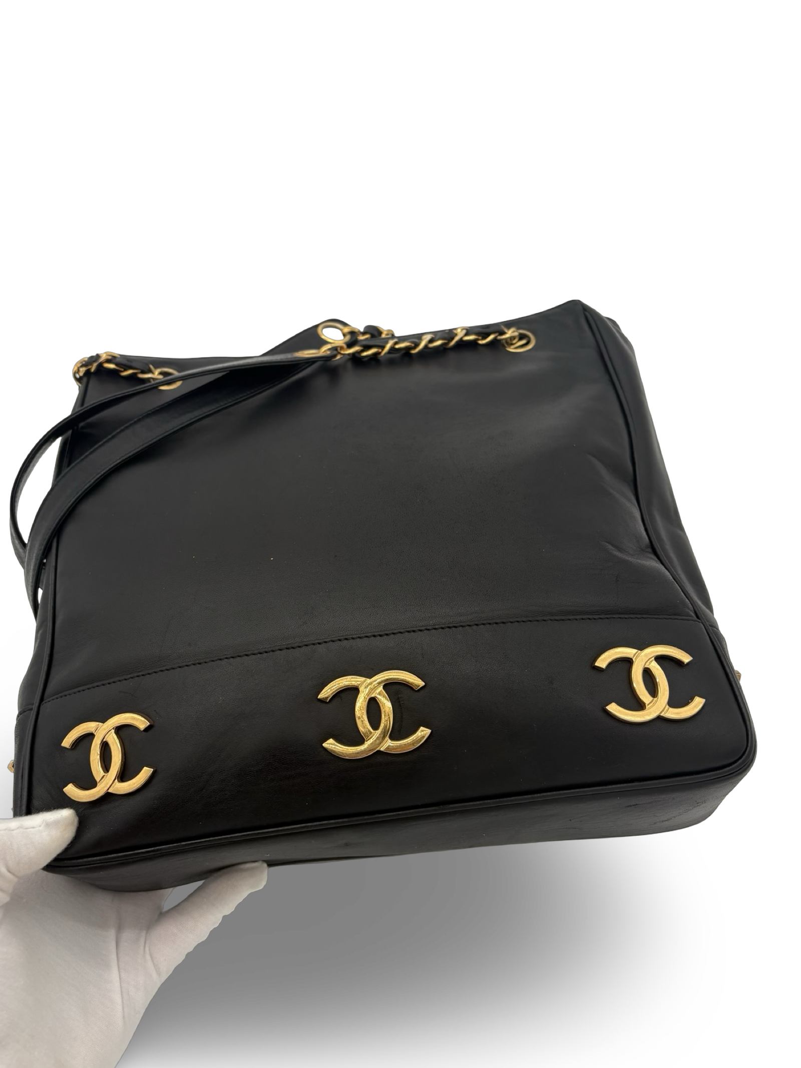 Chanel CC Triple Coco Logo Black Lambskin Leather Tote / Shoulder Bag — image 11