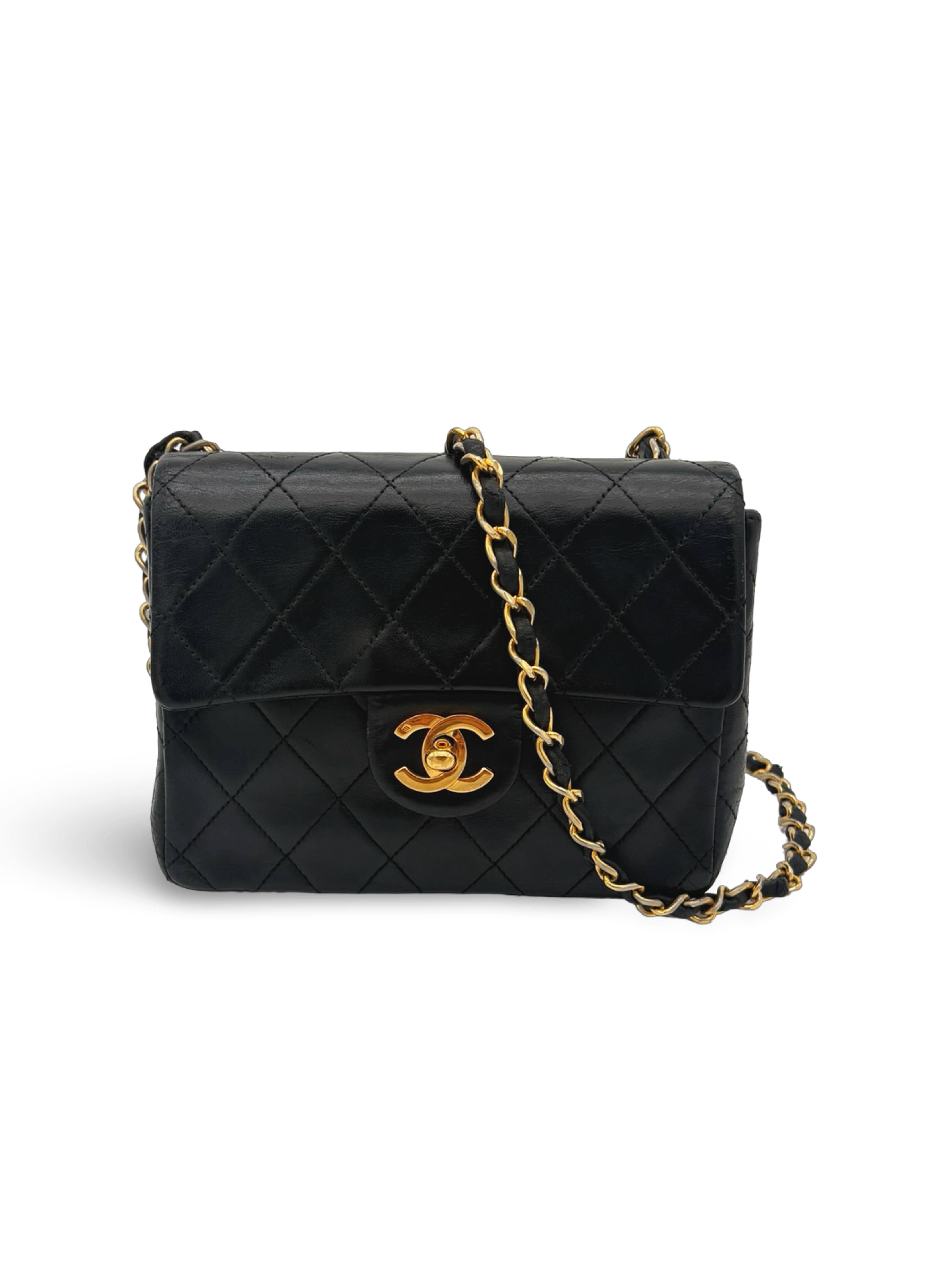 Chanel Black Lambskin Mini Square Classic Flap 24k Gold Hardware