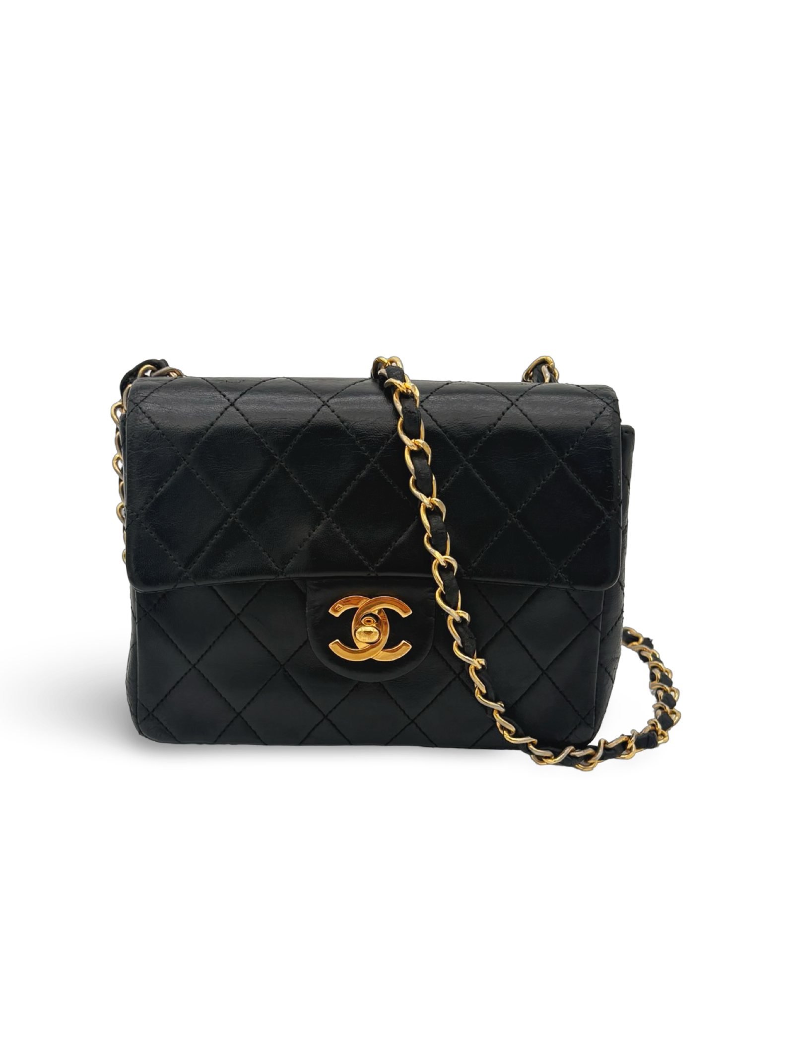Chanel Black Lambskin Mini Square Classic Flap 24k Gold Hardware