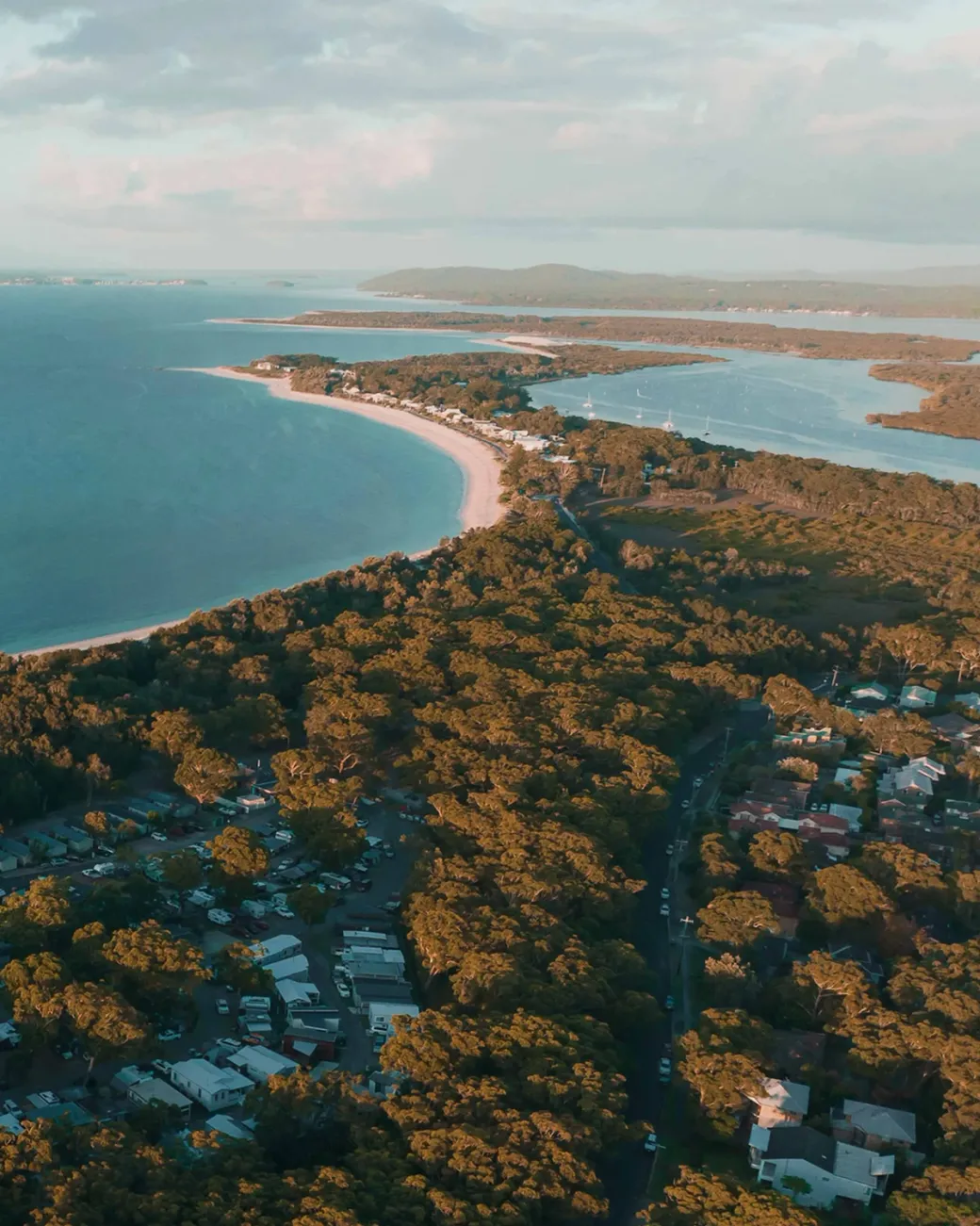 Aerial view of Reflections Holidays park on the NSW coast, surrounded by lush trees and overlooking the ocean