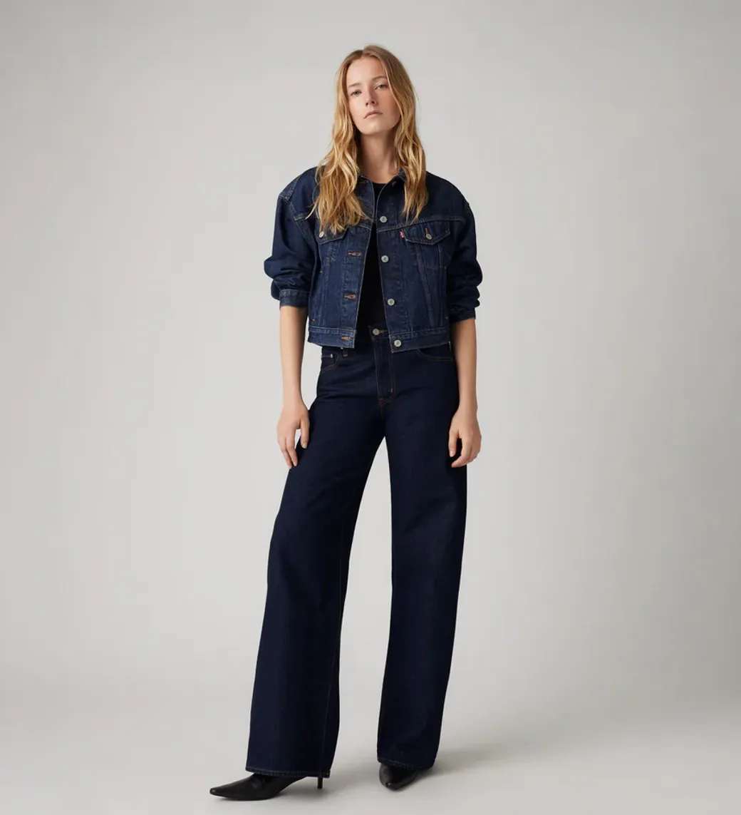 Model wearing classic Levi’s dark denim jacket and wide-leg jeans