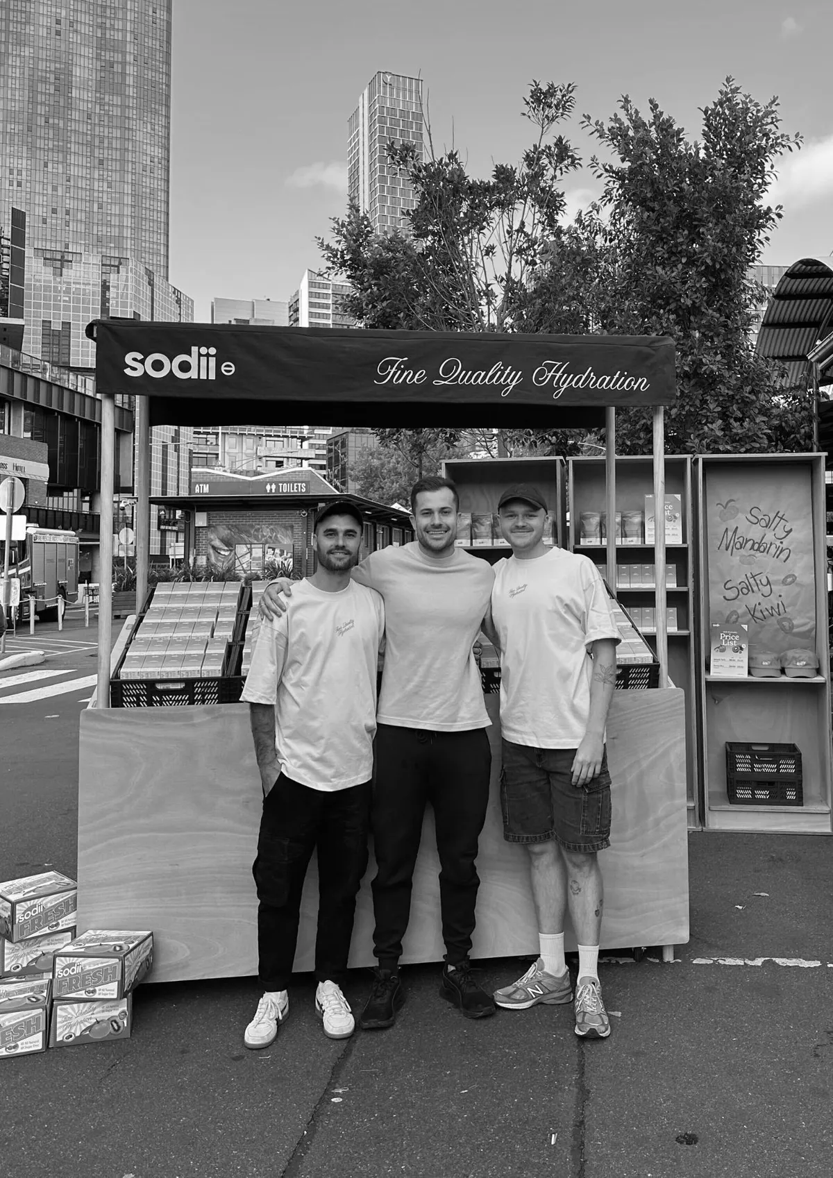 House of Psalm team with Sodii hydration brand at outdoor market stall in Melbourne city