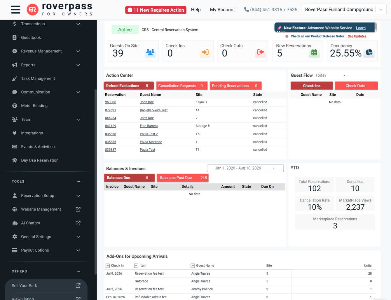 RoverPass owner portal dashboard with the left sidebar scrolled to Tools and AI Chatbot highlighted
