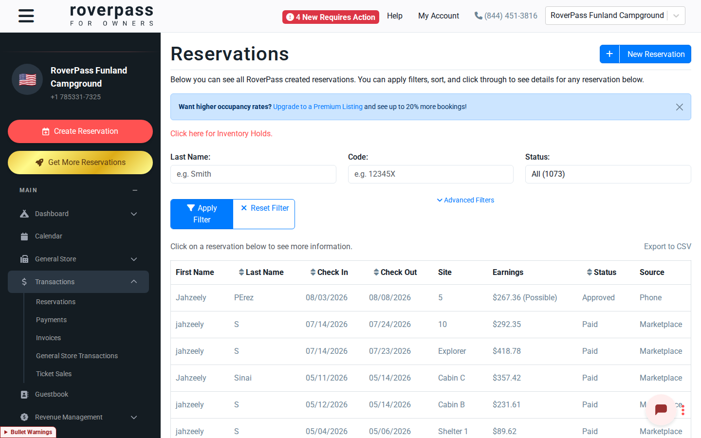 Reservations tab inside the Transactions tab menu