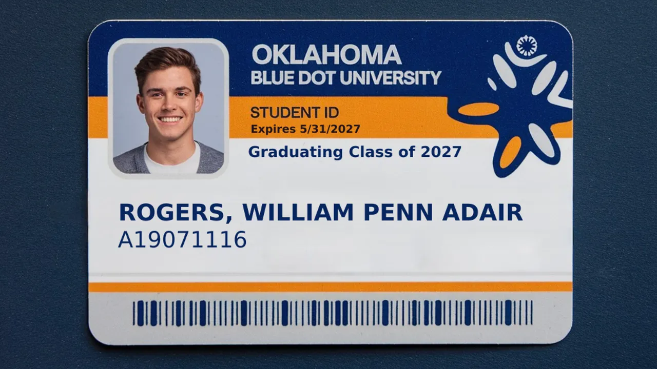 An illustration of a student ID from "Oklahoma Blue Dot University"