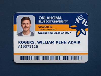 An illustration of a student ID from "Oklahoma Blue Dot University"