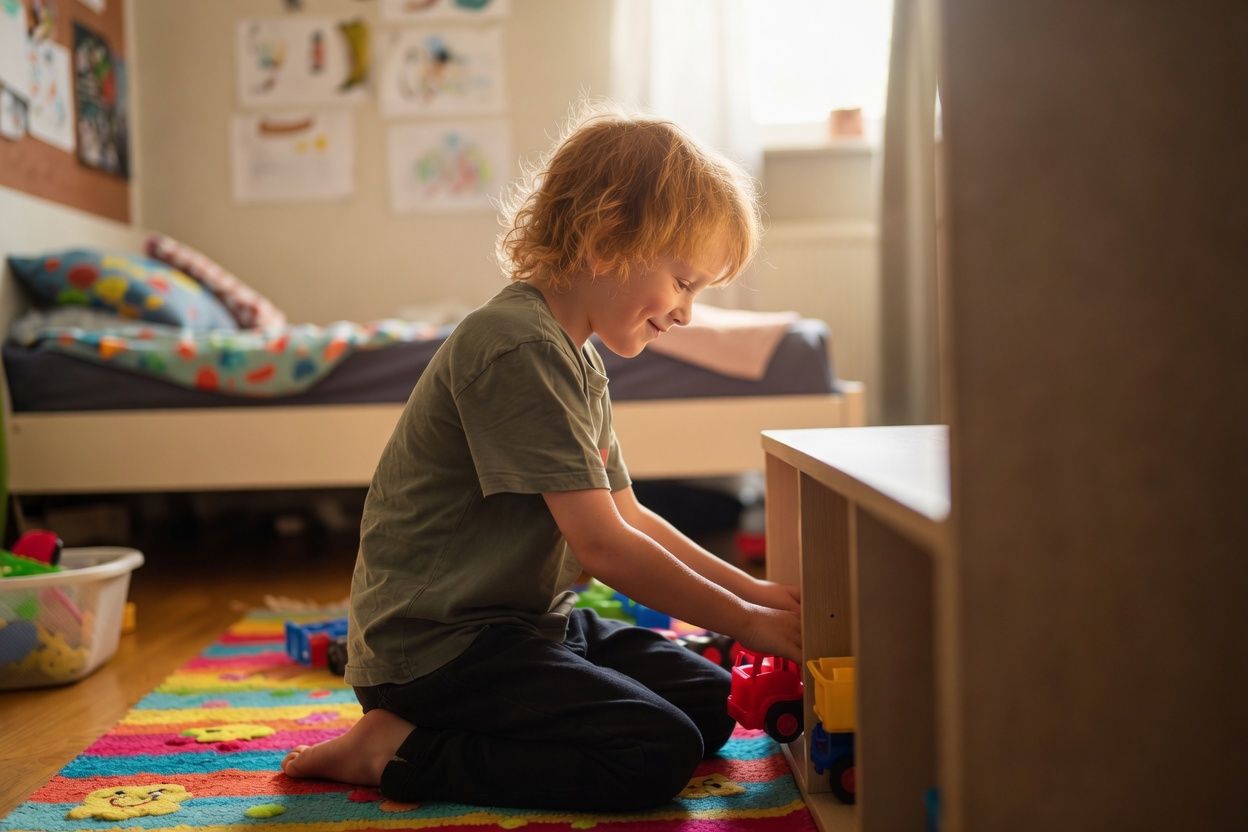 A young white boy with curly light-brown hair kneels on a colorful rainbow rug in a bright child’s bedroom, smiling softly as he carefully places a red and yellow toy truck into a low wooden shelf. Scattered toys surround him, with a bed and children’s drawings visible in the warm, naturally lit background.