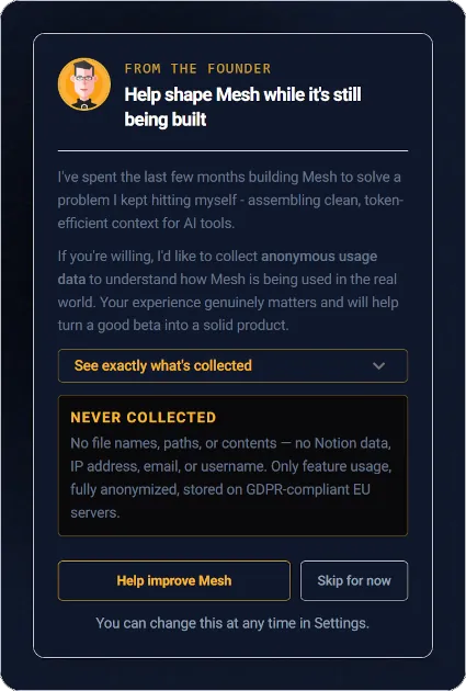 A screenshot of the HiveTrail Mesh Telemetry Opt-In Dialog, allowing the user to disable or enable data collection.