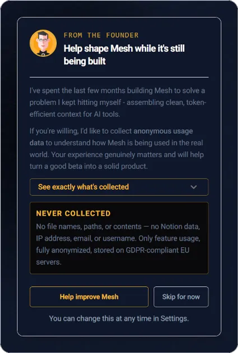 A screenshot of the HiveTrail Mesh Telemetry Opt-In Dialog, allowing the user to disable or enable data collection.