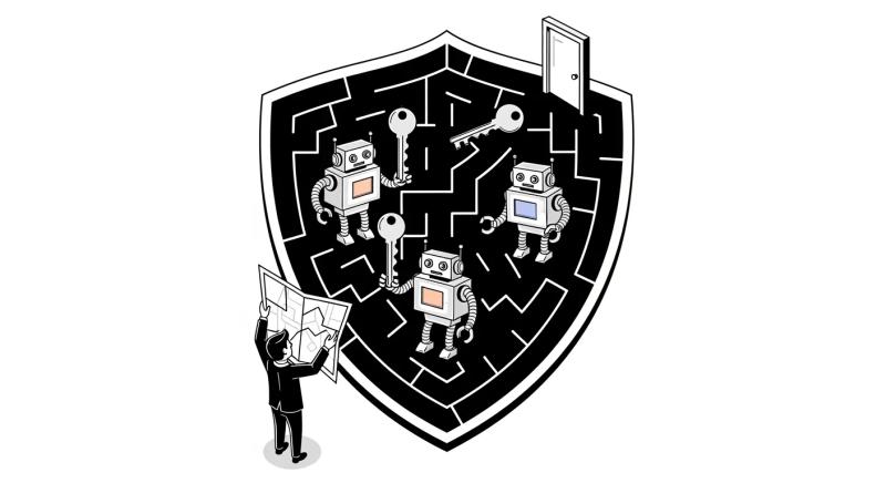 Hive Trail MCP Access Shield - A person looking at a map in front of a maze with 3 Robots holding keys looking for the door