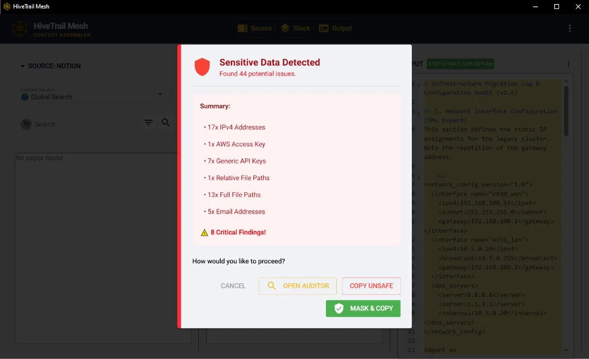 A screenshot of HiveTrail Mesh Privacy Scanner warning dialog when private data is detected during copy to clipboard