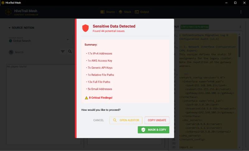A screenshot of HiveTrail Mesh Privacy Scanner warning dialog when private data is detected during copy to clipboard