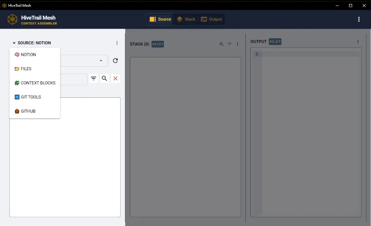 A screenshot of the HiveTrial Mesh main screen, with the source section highlighted