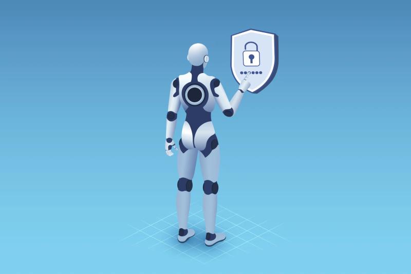 A robot authenticating by pressing on a shield with a lock in front of it