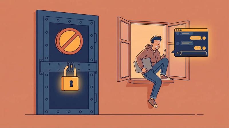 A person going out of a window, holding a laptop with an AI chat, while the door is locked.