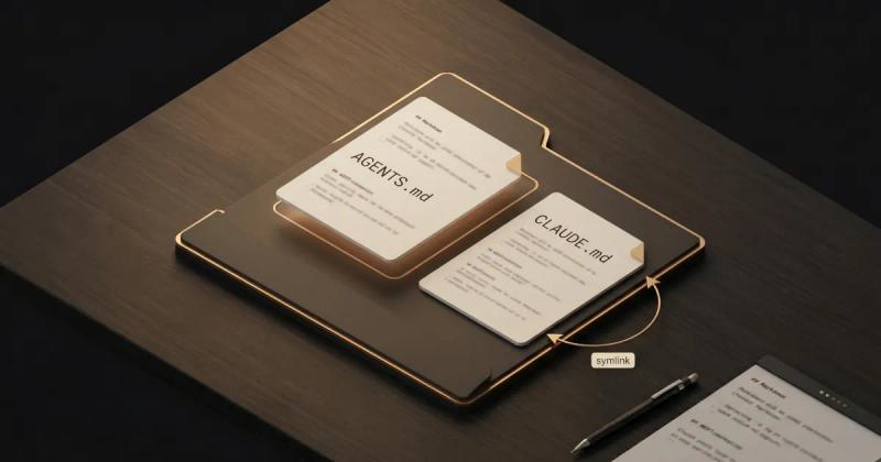 Isometric diagram showing a CLAUDE.md document pointing back to a canonical AGENTS.md file via a symlink arrow, demonstrating the standard workaround for Claude Code.