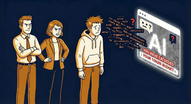 A developer staring at an AI chat screen with an error about token budget exceeding. His co-workers are upset behind him.