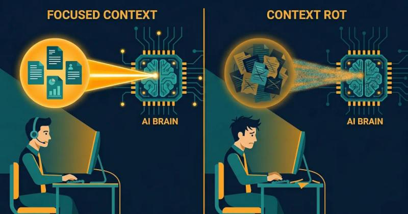 Split illustration comparing focused context versus context rot: on the left, a developer sends a tight beam of organised documents to an AI chip with a sharp signal; on the right, the same setup but a tangled pile of crossed-out documents produces a degraded, scattered beam reaching the AI.