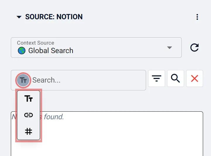 A screenshot of the search mode selector inside the search box in the Notion source panel of Mesh