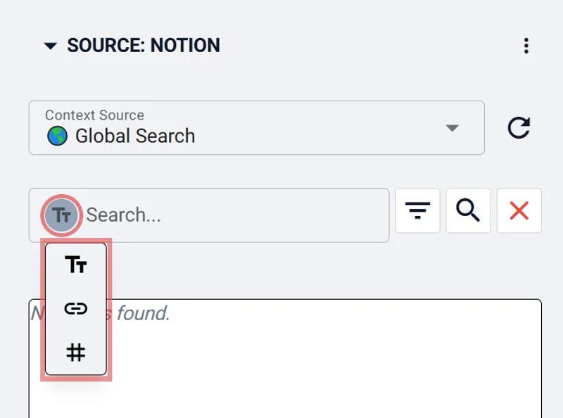 A screenshot of the search mode selector inside the search box in the Notion source panel of Mesh
