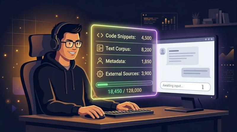 A person sitting in front of a computer screen with an AI chat open. A glowing counter shows the token usage by data type.