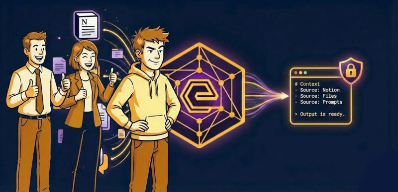 A satisfied developer staring at a tidy context window coming from HiveTrail Mesh logo, with coworkers happy behind him