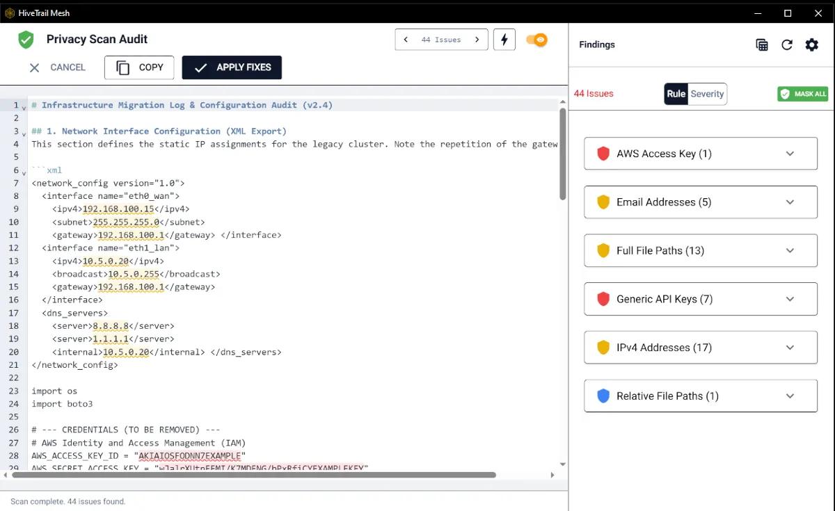 A screenshot of HiveTrail Mesh Privacy Scanner interface showing an audit result with multiple detected privacy issue at different severity levels