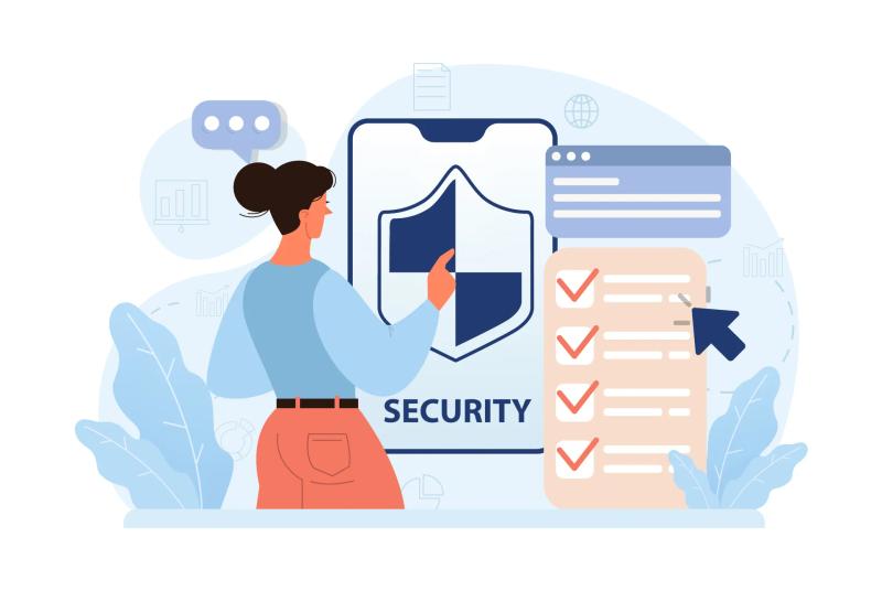 A woman pressing a mobile device with a security shield, alongside a security checklist
