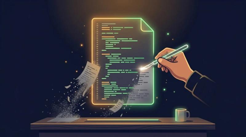 H hand with a scalpel cutting out unneeded parts of a glowing document text. The cutout parts turn into gray dust.