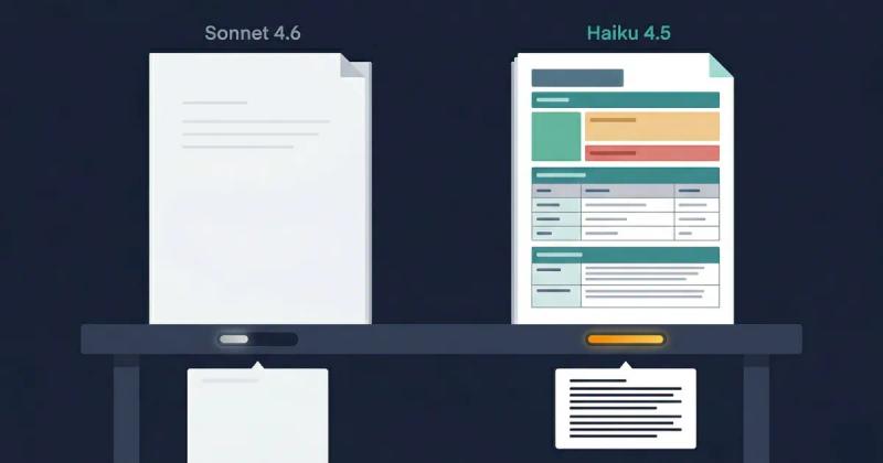 Side-by-side comparison of two AI inputs: the Sonnet 4.6 document  is sparse with minimal content and a grey quality bar, while the  Haiku 4.5 document is densely structured with coloured sections  and an amber quality bar — the richer input produces a fuller  output preview below.
