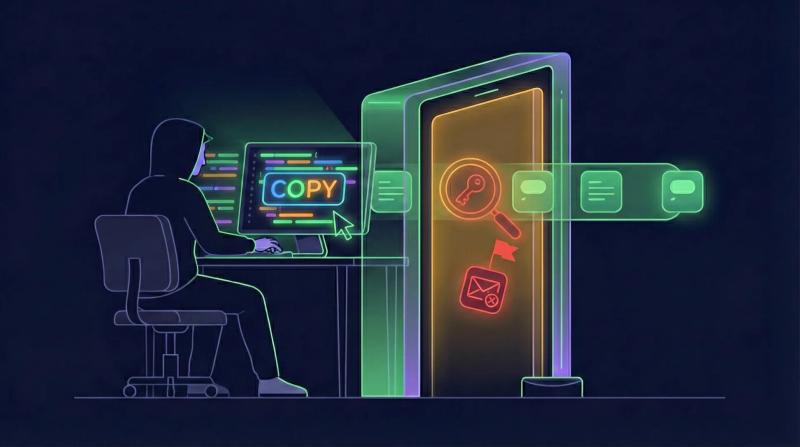 Code being copied from a glowing computer screen. The code is being scanned for security while being copied.