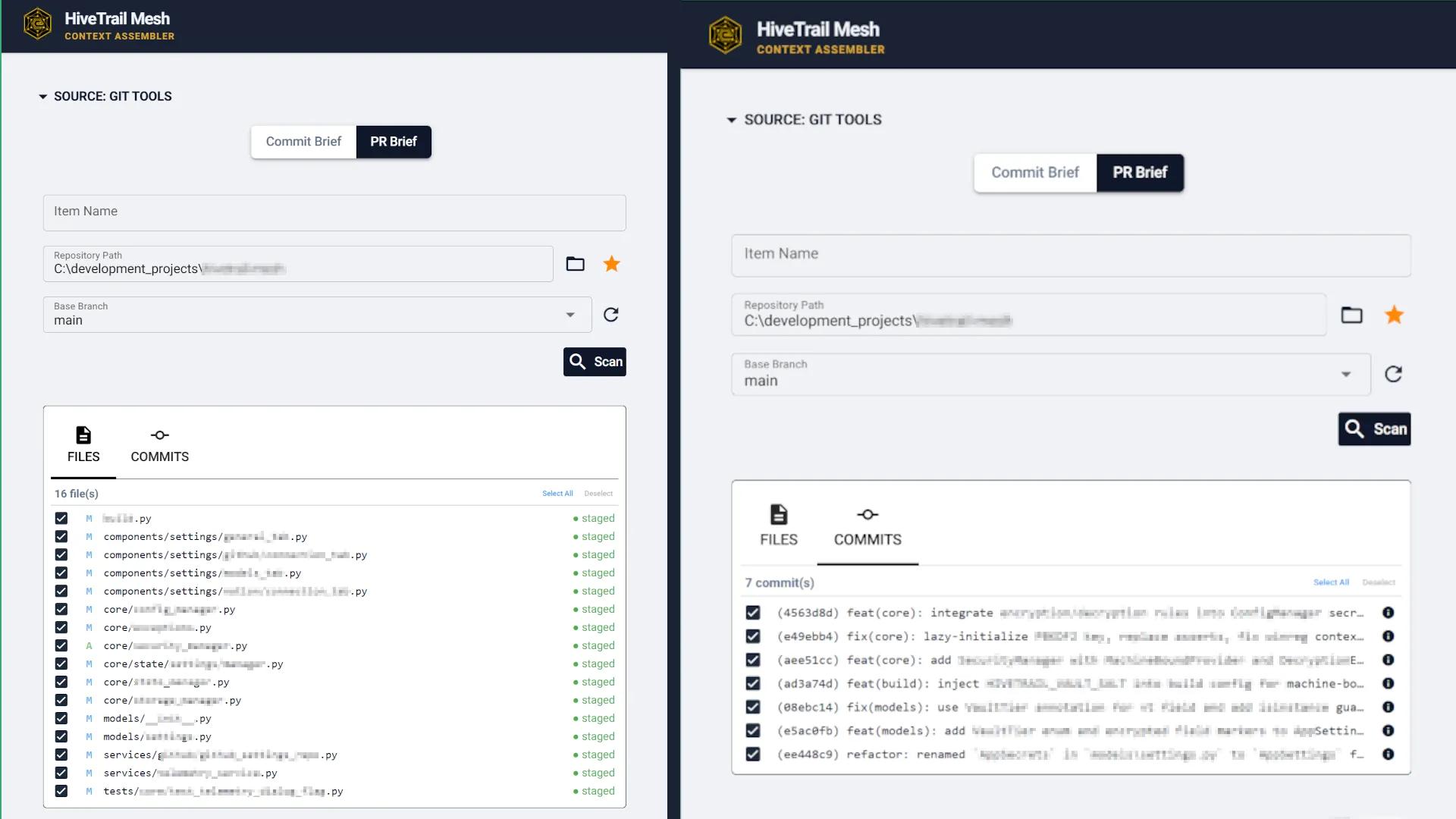 HiveTrail Mesh Git Tools interface showing the detected changed files list and the commits list for a Pull Request Brief.
