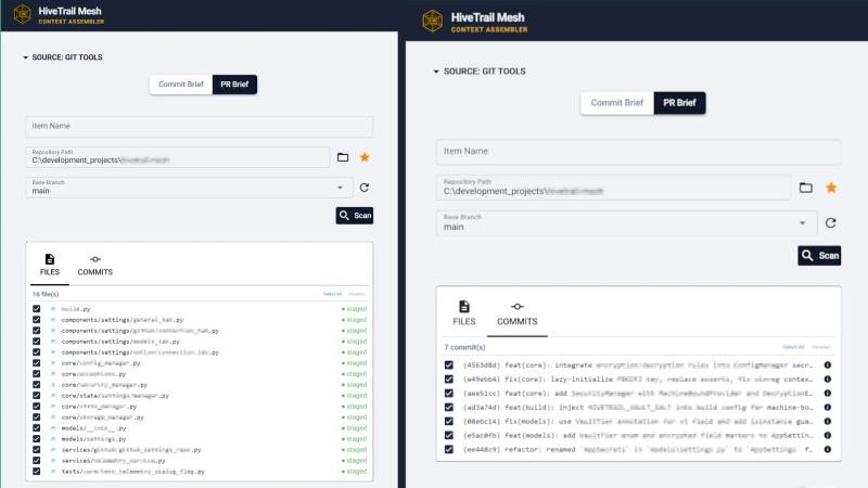 HiveTrail Mesh Git Tools interface showing the detected changed files list and the commits list for a Pull Request Brief.