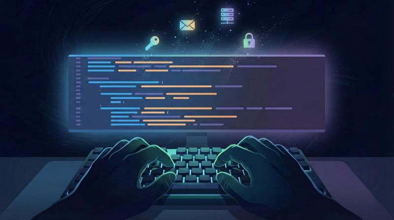 hands typing on a keyboard in the dark in front of a glowing code screen. Security icons float above the screen.