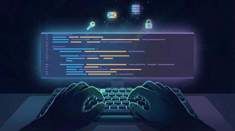 hands typing on a keyboard in the dark in front of a glowing code screen. Security icons float above the screen.