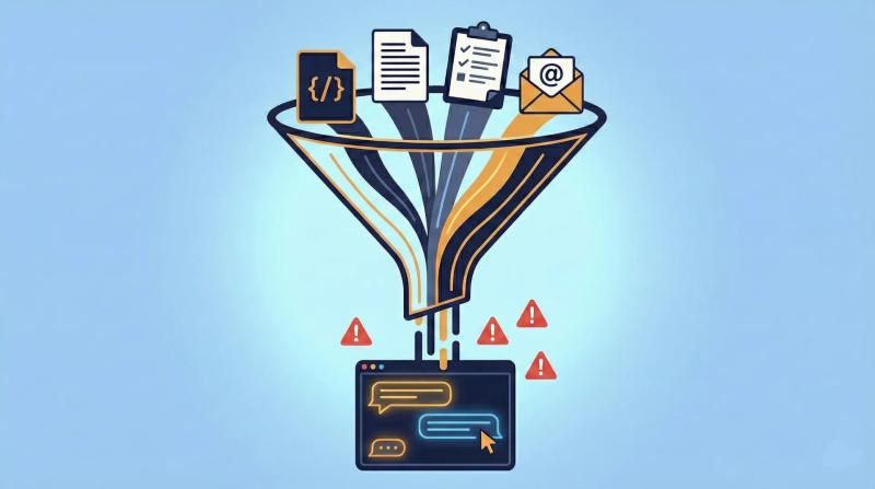 Different data items going into a funnel that results in errors around an AI chat window
