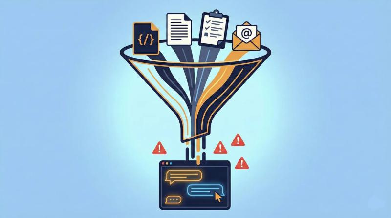 Different data items going into a funnel that results in errors around an AI chat window
