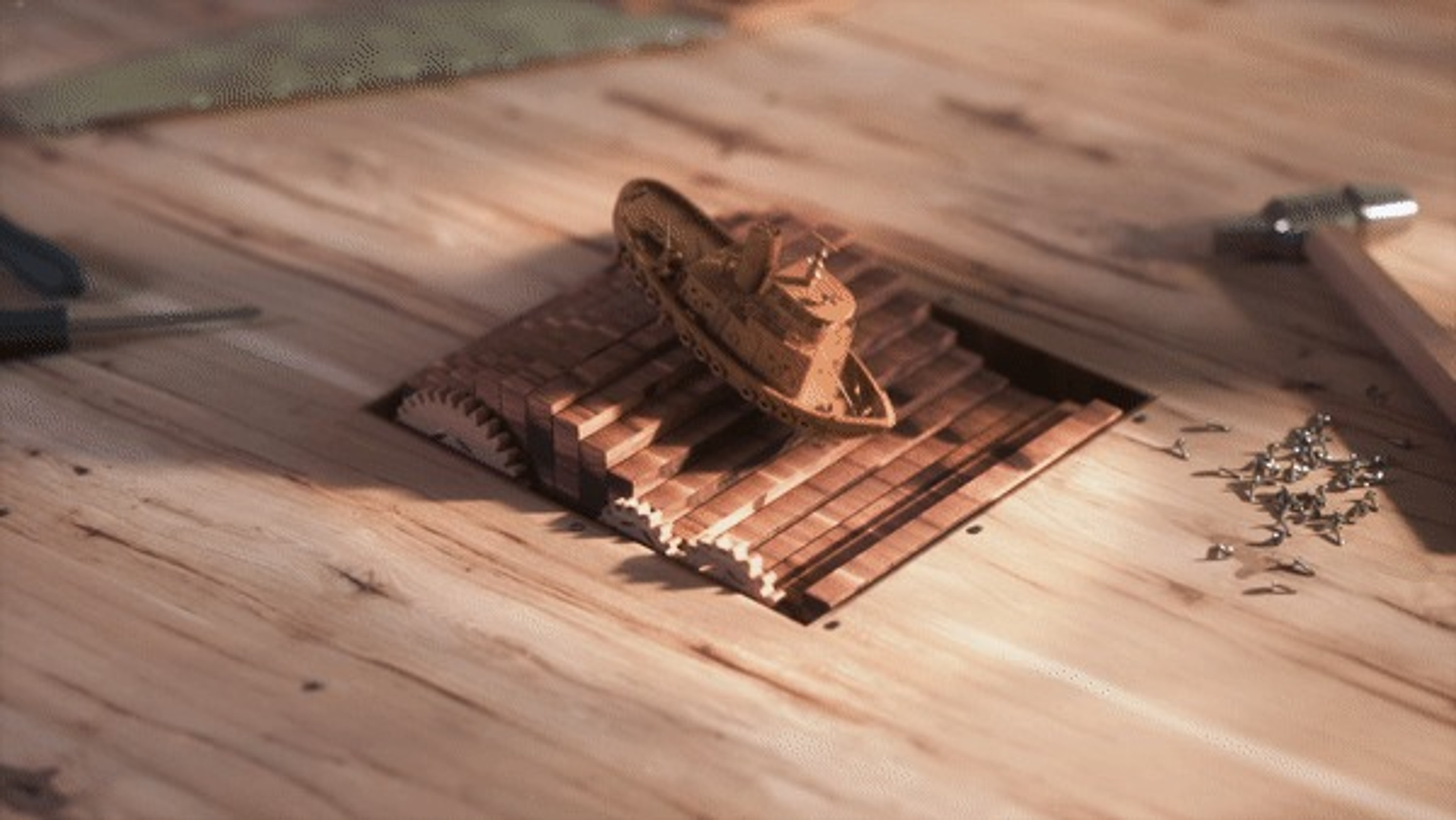 Miniature wooden boat and platform rendered in warm directional light
