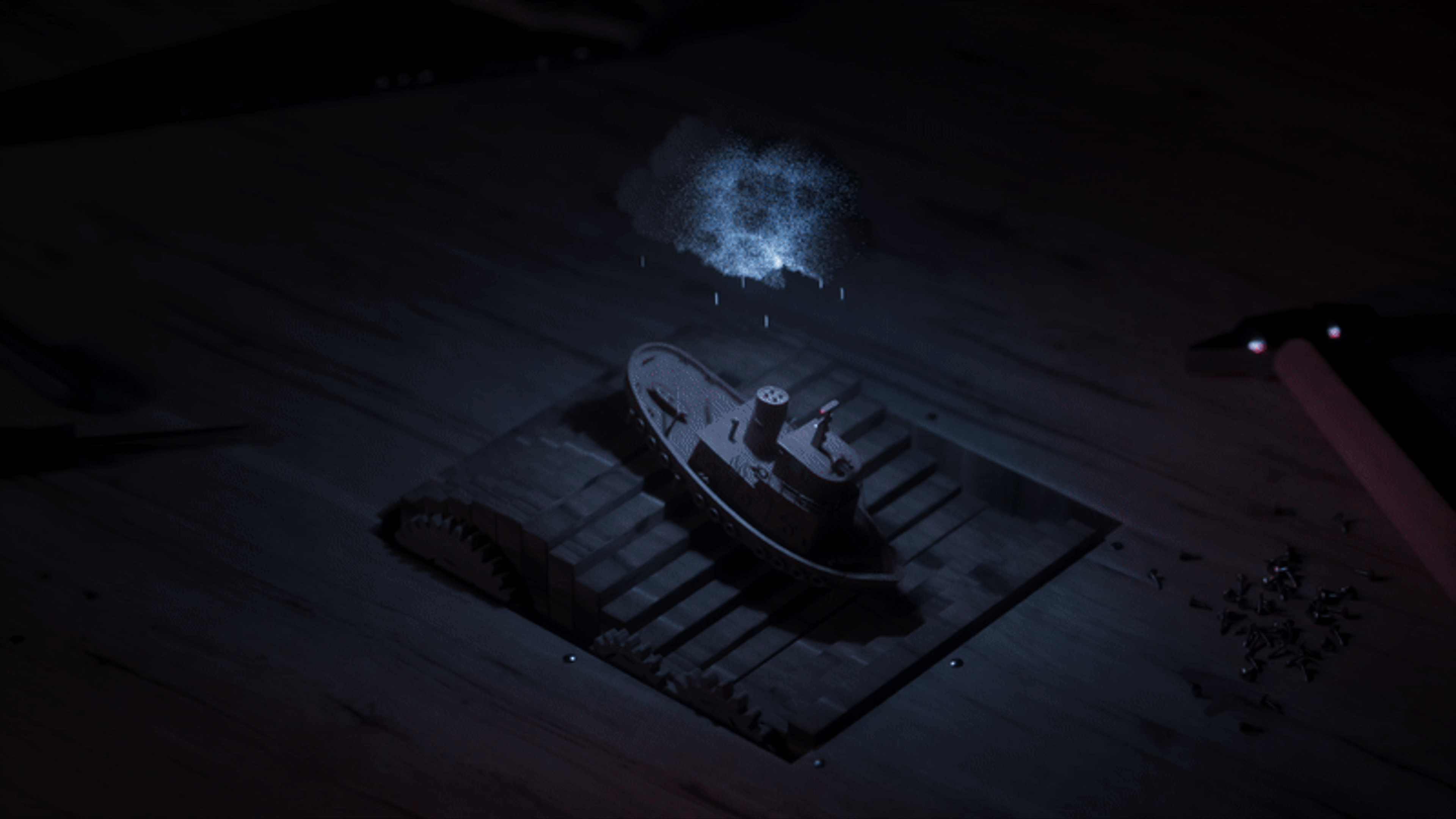 Miniature boat composited onto a desk with blue light and atmosphere