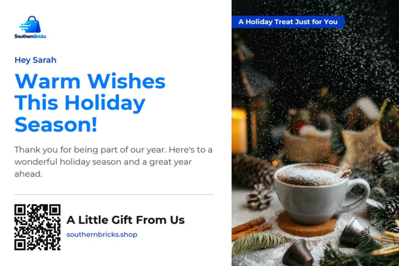 Personalized holiday postcard marketing example from Southern Bricks, featuring a festive winter image, seasonal greeting, QR code, and holiday gift offer.