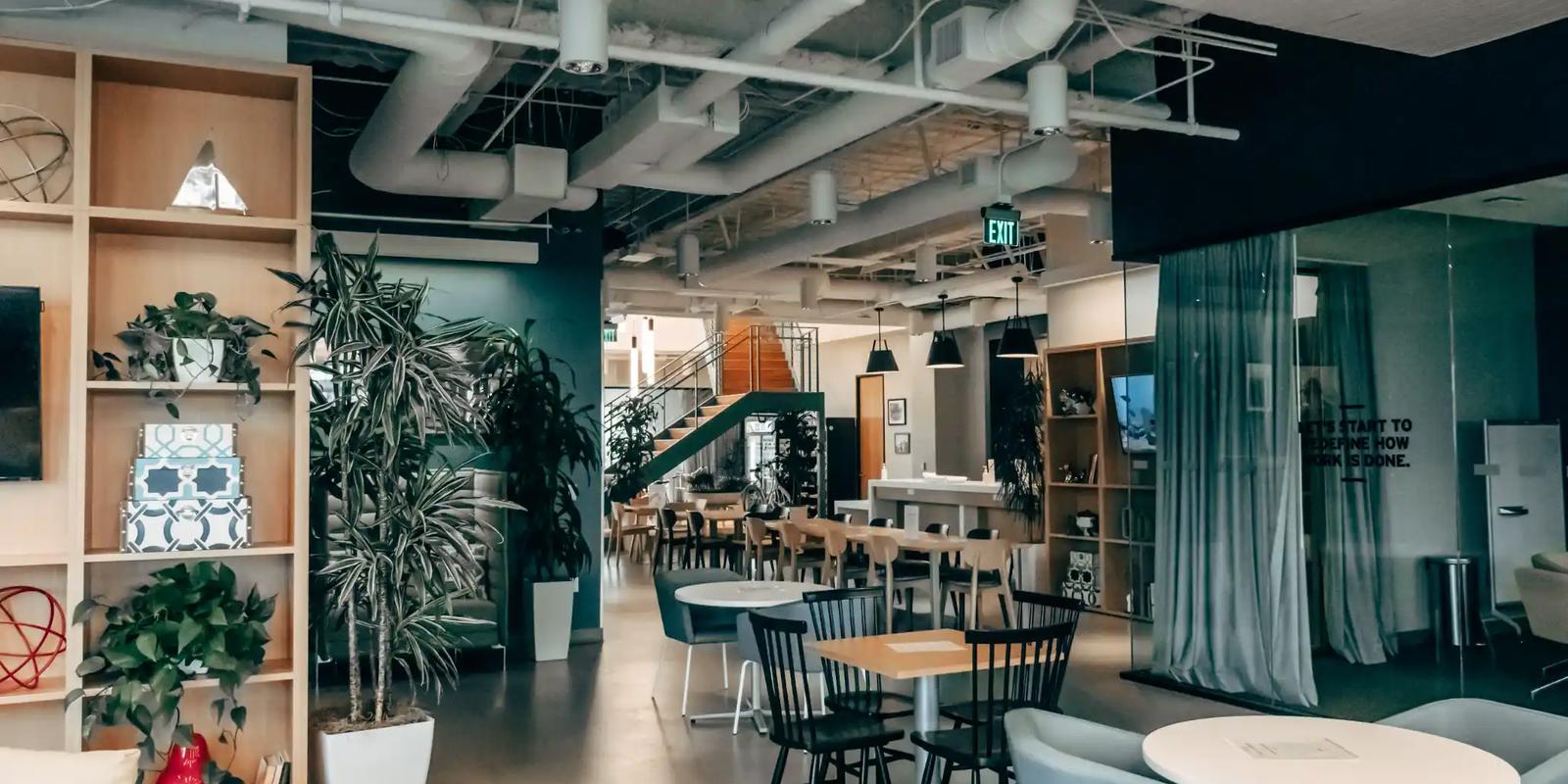 Bright open-plan office with cafe-style tables and a shared kitchen area where staff gather for lunch