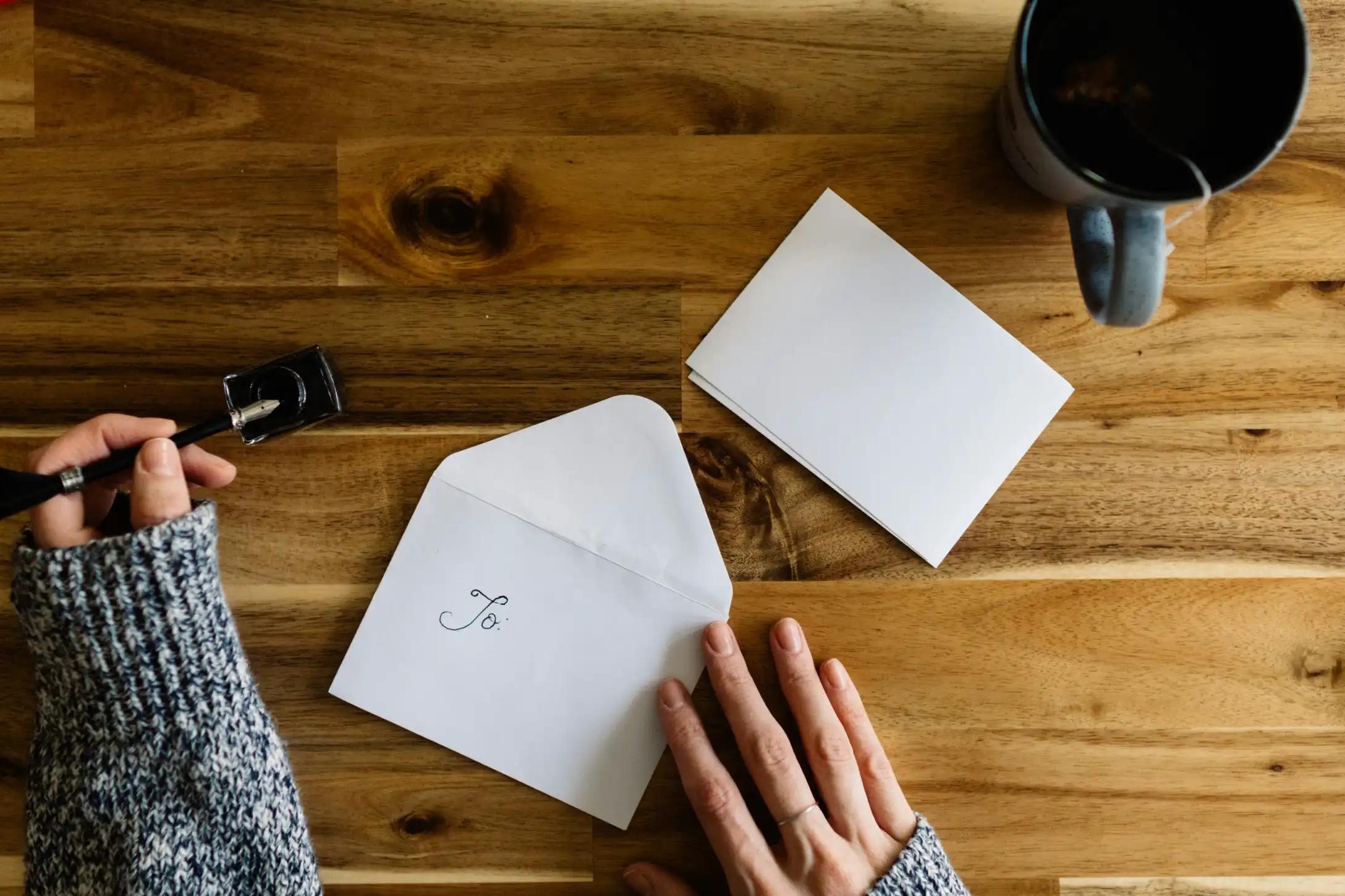 Iemand schrijft een persoonlijke kaart met envelop op een houten tafel